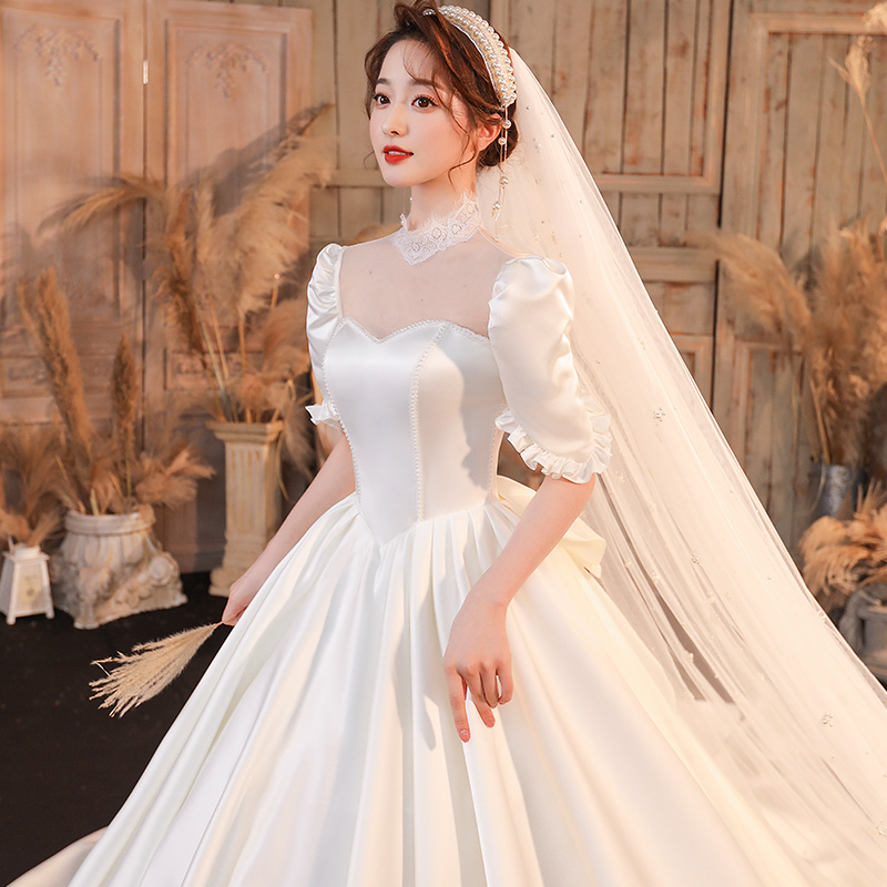 High-end retro satin main wedding dress 2021 new bride main yarn tailing temperament Super fairy French high quality female