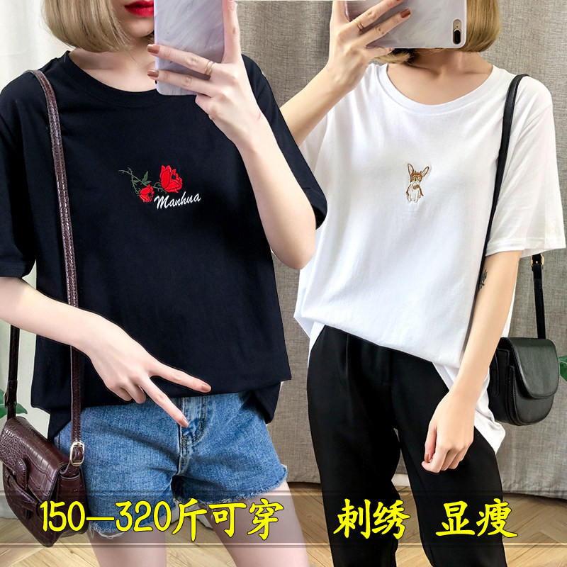 short sleeve t-shirt woman loose big code 200 catty mm pure cotton spring summer new Korean version half sleeve blouse surge 300 