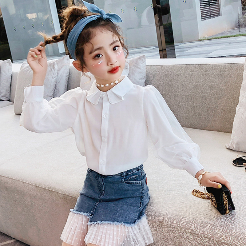 Girls Pearl Shirt Spring Long Sleeve 2022 Western Style Korean Style Ladies White Chiffon Fashionable Little Girl Shirt