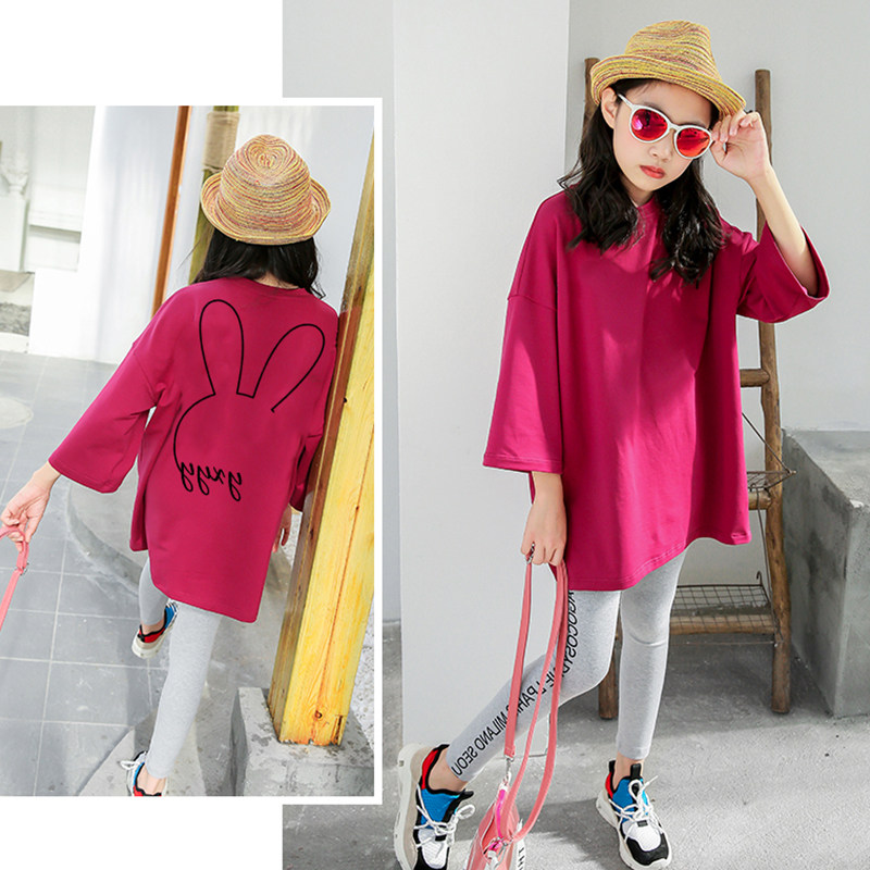 Girls' mid-length T-shirt 2022 summer dress new Korean version children's three-quarter sleeve cotton Western style loose fashion large version