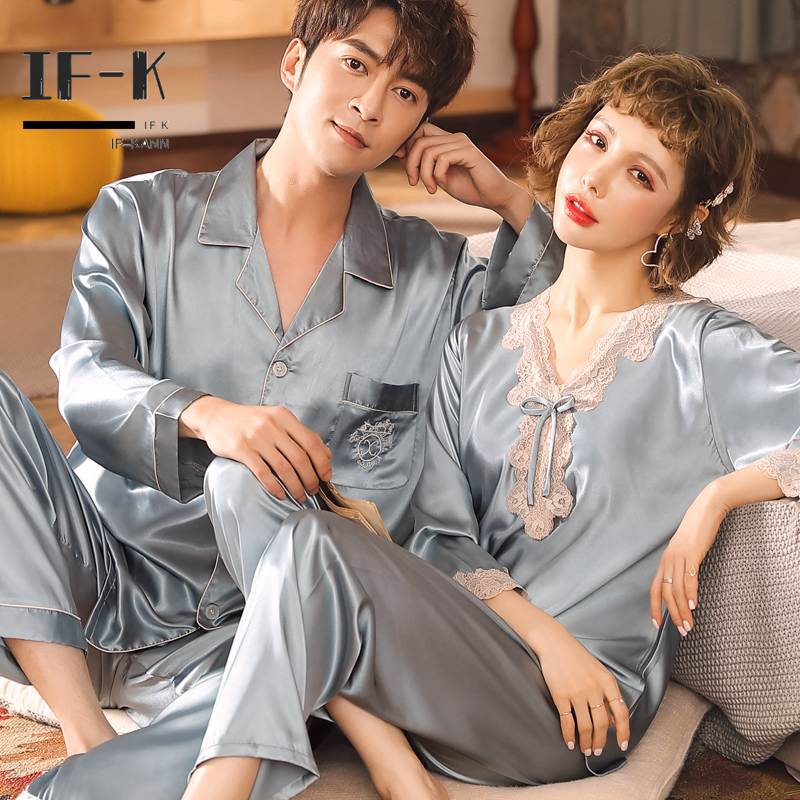 IF-KANN summer couple pajamas spring long sleeve ice silk suit Korean men's and women's silk two-piece loungewear autumn 