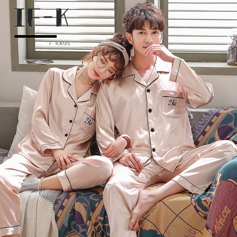 IF-KANN silk couple pajamas women's spring and autumn long-sleeved net red tide men's thin ice silk home wear suit