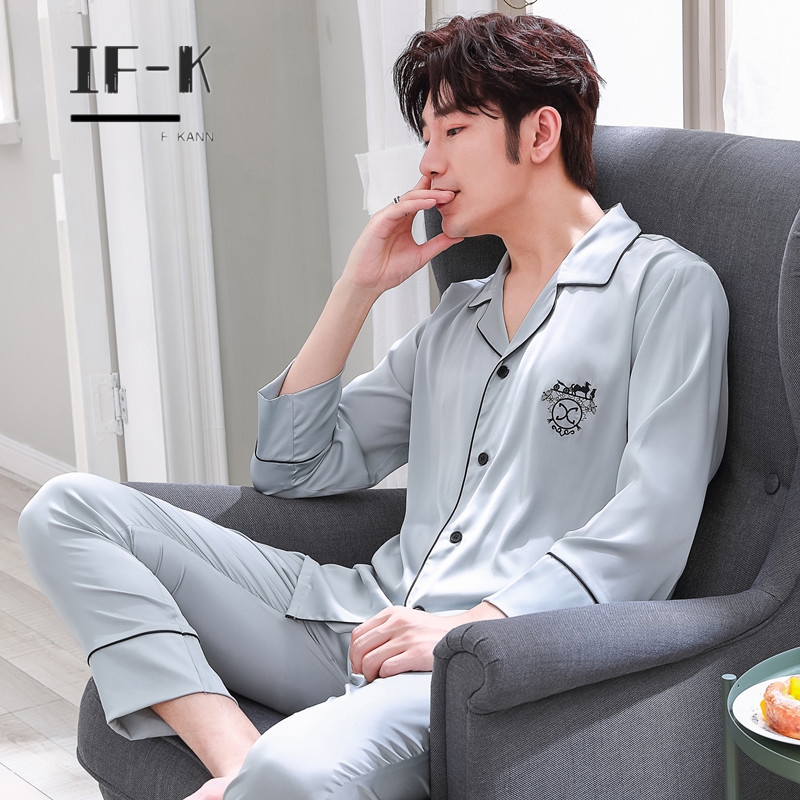 IF-KANN ice silk pajamas men's long-sleeved spring and autumn suit Korean version loose large size thin long-sleeved silk homewear