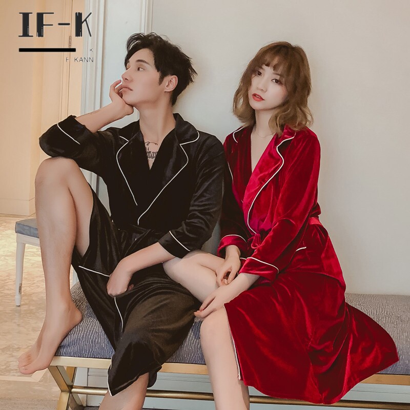 IF - Kann couple's pajamas spring and autumn Han version of the long - sleeve gold - velvet dress bathrobe female dress