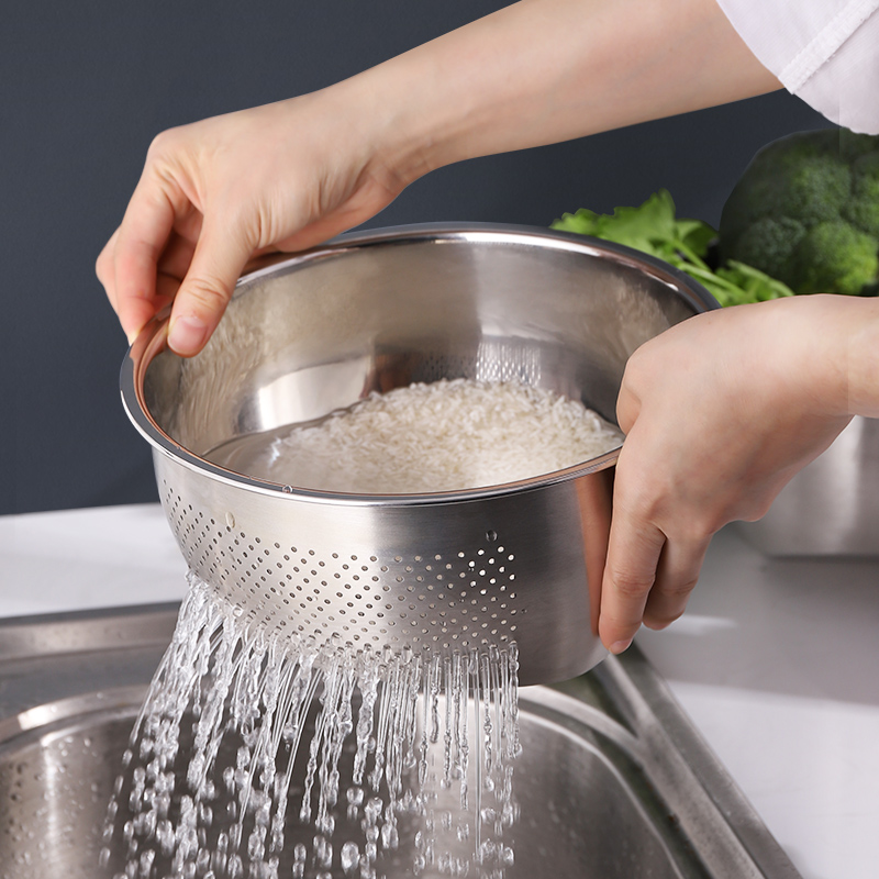 Home Small Two 304 Stainless Steel Naughty Rice Wash Rice Sieve Wash Basin Theiner Home Kitchen Wash Vegetable Drain Water Filtration Basket