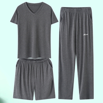 Modal cotton mens pajamas summer days thin short-sleeved pants Ice Silk home clothes two or three sets of large size