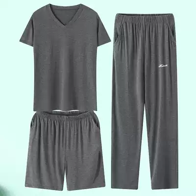 Modal cotton men's pajamas summer days thin short-sleeved pants Ice Silk home wear two or three sets of large size
