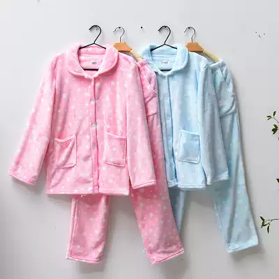 Flannel pajamas women's autumn and winter thick warm plus velvet coral velvet loose large size cardigan home suit