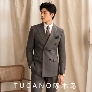 Tucano Woodpecker Men's Business Light Brown Striped Slim Fit Suit Groom Wedding Engagement Italian Style Suit Tuxedo