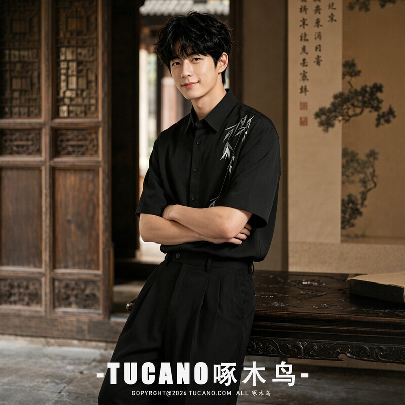 Woodpecker Groom Wedding New Chinese Style Shirt Bamboo Leaf Embroidery Short-Sleeved High-End Retro Chinese Style Wedding Engagement Men Woodpecker Groom Wedding New Chinese Style Shirt Bamboo Leaf Embroidery Short-Sleeved High-End Retro Chinese Style Wedding Engagement Men