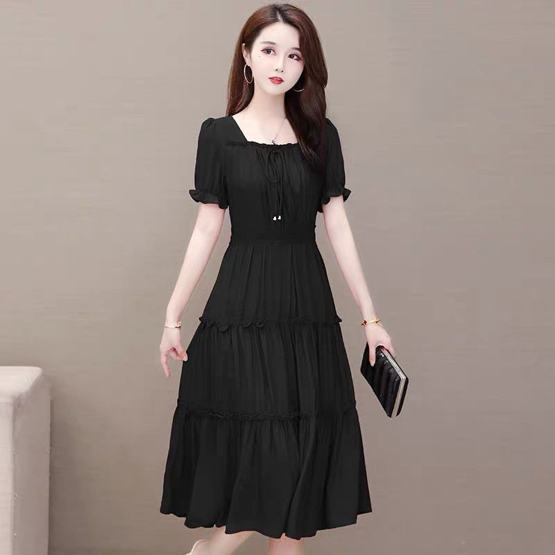 2023 New summer collection of summer cashew cake dresses with long square neckline short sleeves pure color snowspun red 100 plexen dress-Taobao