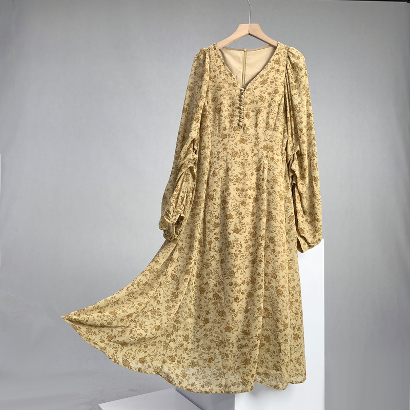 7344 【Pleated Design Sleeves】Niche Brand Original Design Women's Floral V-Neck Loose Long-Sleeve Dress