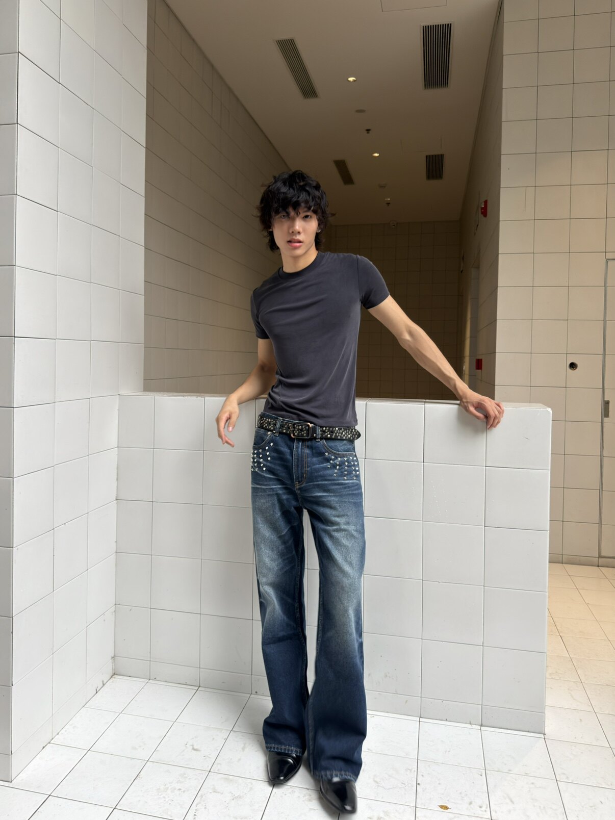 VOWPROGRESS Studded Rivet Dark Blue Flared Jeans