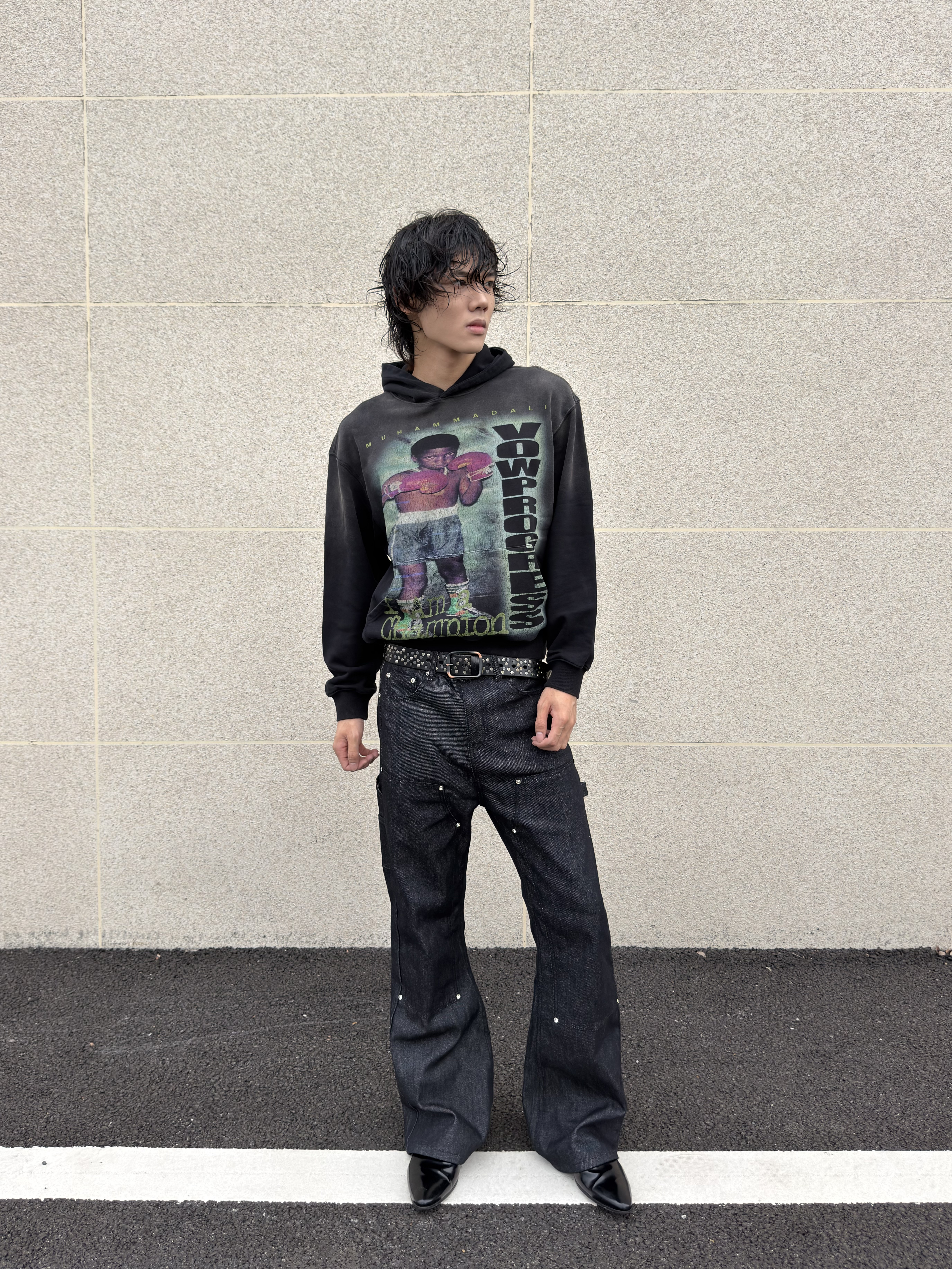 VOWPROGRESS Sun-Faded Black 400g Slim-Fit Hoodie