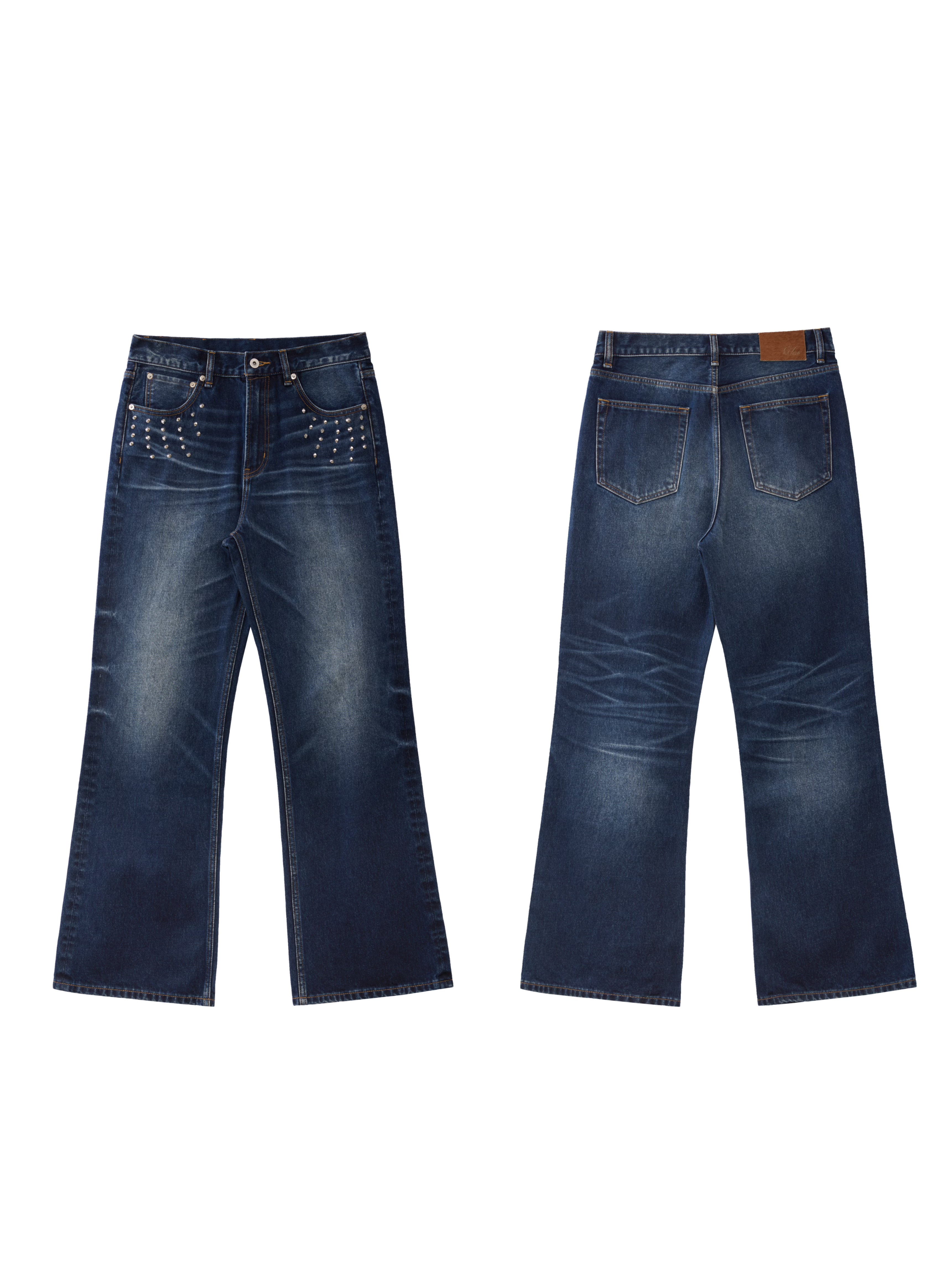 VOWPROGRESS Studded Rivet Dark Blue Flared Jeans