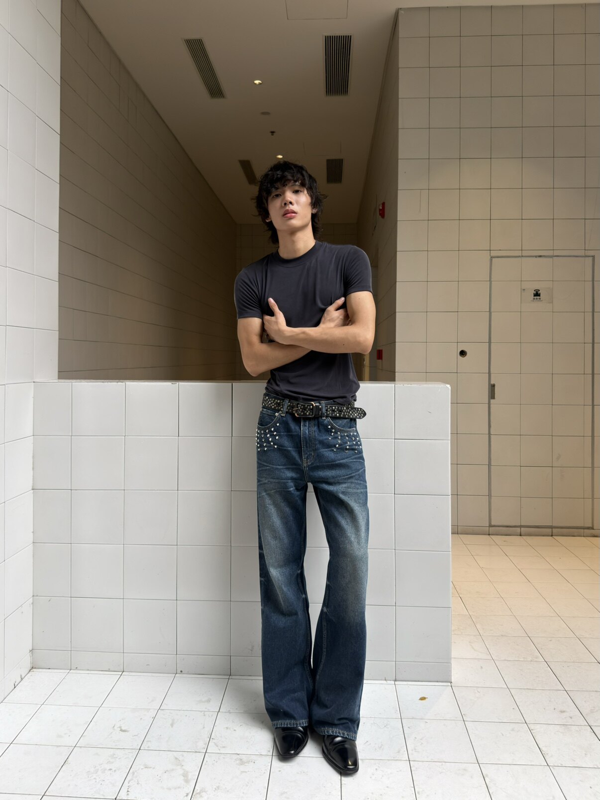 VOWPROGRESS Studded Rivet Dark Blue Flared Jeans