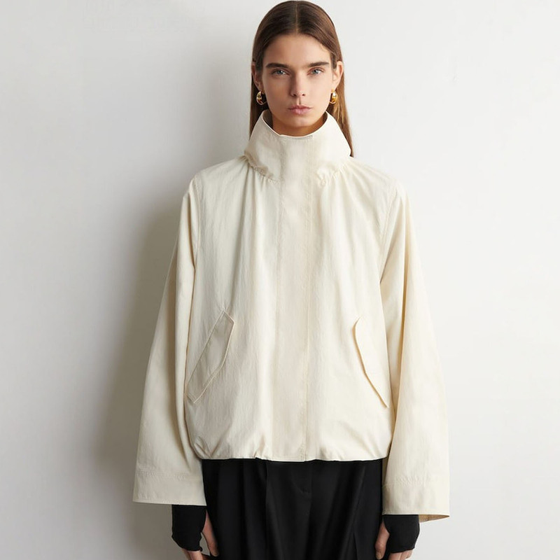 C Women's Clothing Spring New Casual Loose Fit Lazy Deep Beige Zipper Chimney Collar Windbreaker Jacket Short Coat