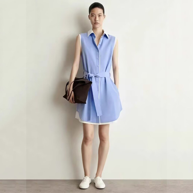 C Women's Clothing Summer New Casual Lapel Cotton Blue and White Contrast Color Simple Sleeveless Design Tie-Up Shirt Dress