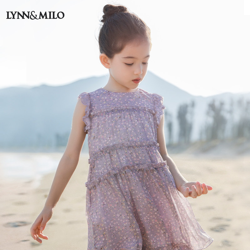 LYNNMILO LMLO Myro girls crushed flower dress 2023 Summer sweet gas purple sleeveless skirt