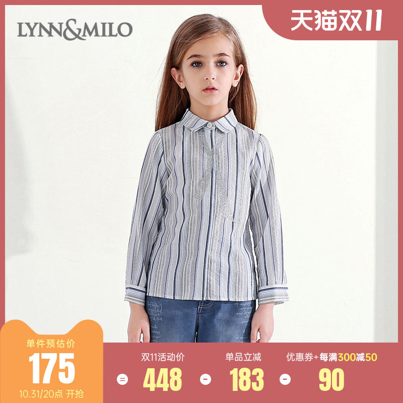 LYNNMILO 2022 Fall 2022 Girls Long Sleeve Shirt Blue and White Striped Western Style Children's Top Shirt