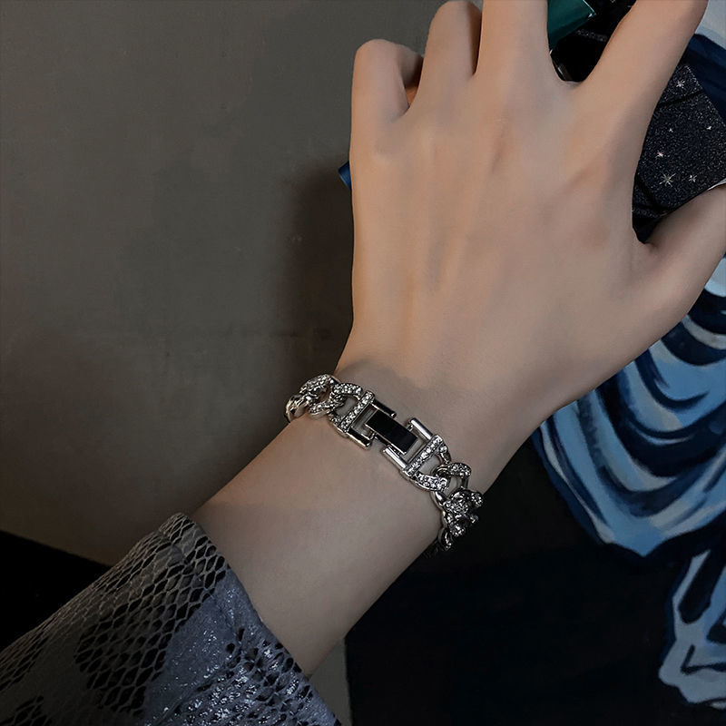 Wang Yibo Style Full Diamond Cuban Bracelet for Women, Trendy Cool Minimalist Hip-Hop Internet Celebrity Diamond-Encrusted Couple Jewelry for Men