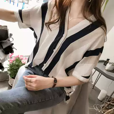 Short Sleeve Shirt Female Student Korean Loose Women 2020 New Tide Summer Striped Shirt V-Neck Large Size Top
