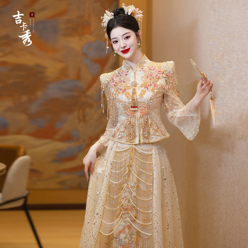 Шампанское Xiuhe clothing свадебное платье маленького человека 2025 новое китайское свадебное платье для тяжелой промышленности, одежда для тостов за невесту высокого класса