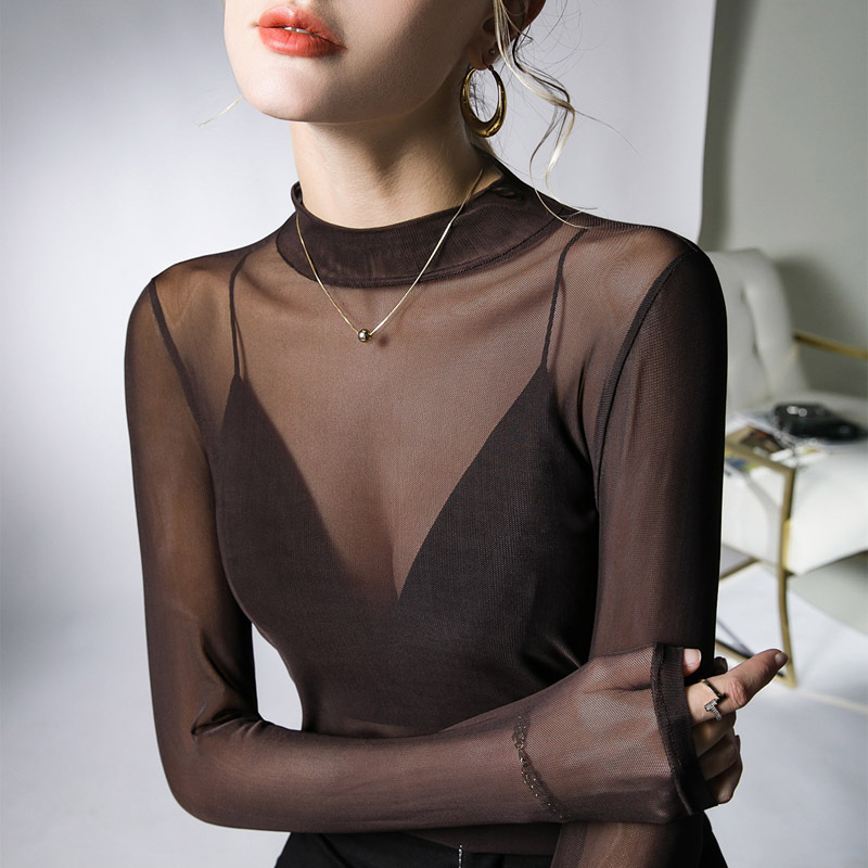 Black Half-High Collar Thin See-Through Mesh Base Shirt for Women, New Autumn Style, Sexy Inner Wear, Transparent Long-Sleeve T-Shirt Top