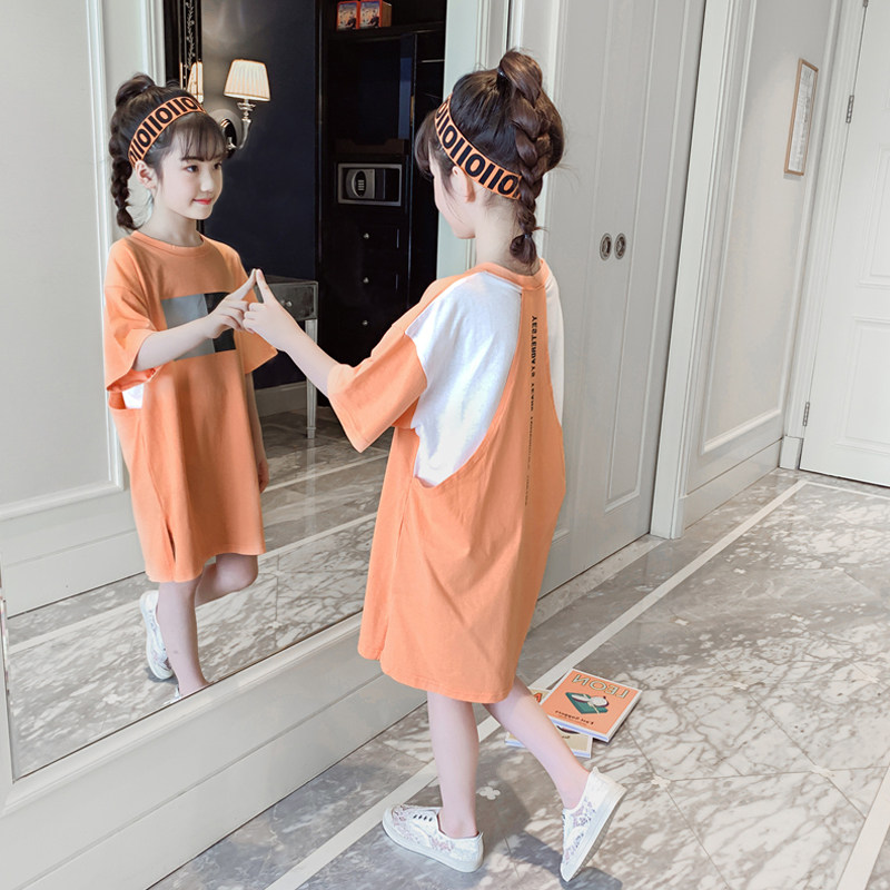 Korean girls' Western style half-sleeved dress 2022 new mid-length T-shirt children's net red fashionable short-sleeved top