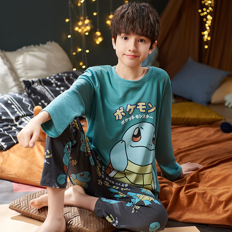 Children's pajamas boys spring and autumn winter long sleeves cotton thin style boys middle and older children air conditioning clothes housewear set