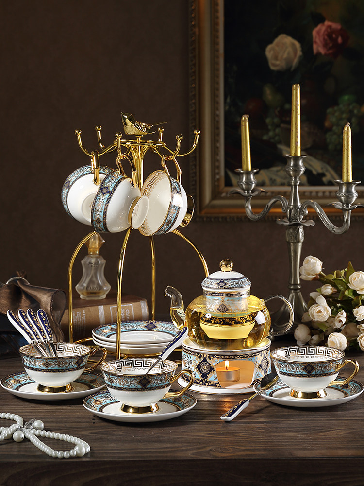 Posimi Blue Flower Teapot Suit Glass Cooking Fruit Teapot Home Candle Heating Afternoon Tea Set With Filter-Taobao