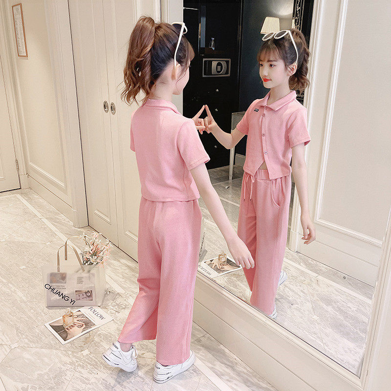 Girl T-shirt Broadlegged Pants Suit Summer 2022 New Internet Red CUHK Children Trendy Children Clothing Casual Sports Two Suits