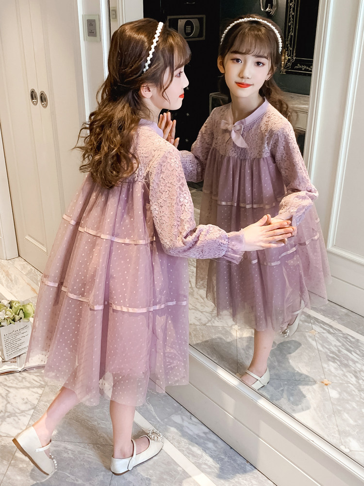 Girl Net Yarn Dress 2022 Fall New Korean Version Children Foreign Pie Long Sleeve Dress Girl Lace Princess Dress