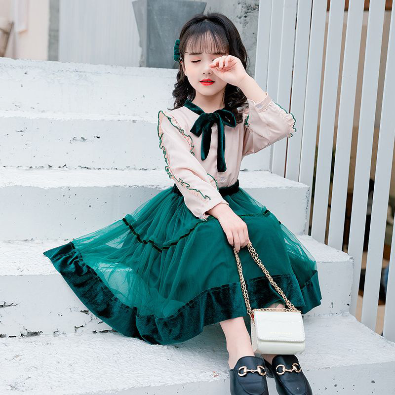 Korean girls' dress suits 2022 autumn new middle-aged children's little girls Western style mesh children's princess dress