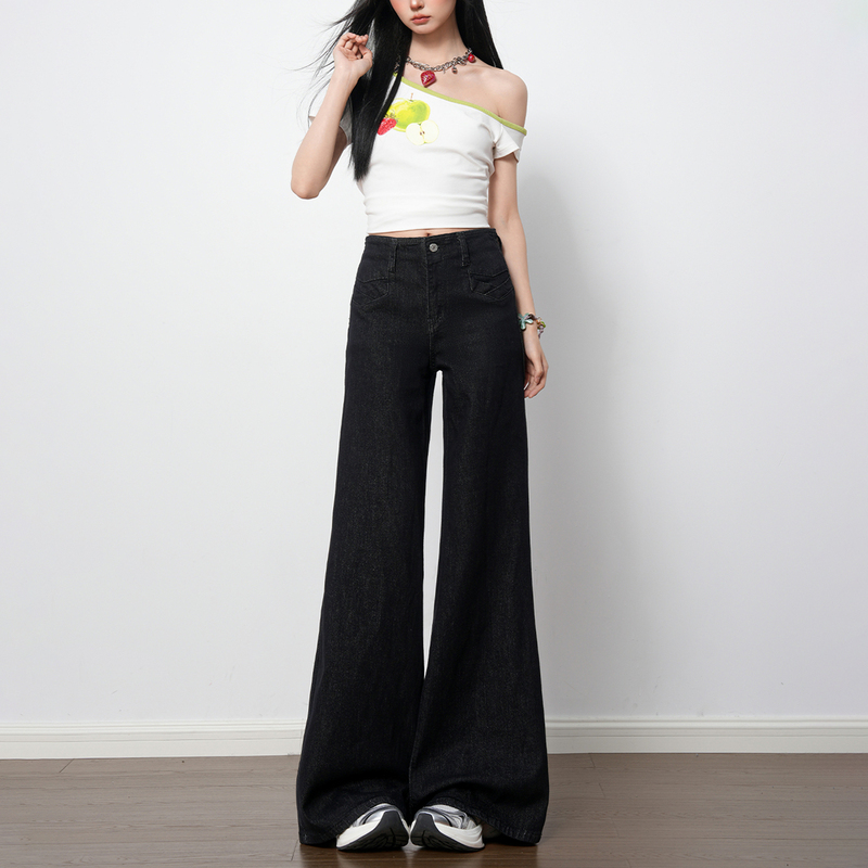 Pjpa Black American-Style Flared Jeans for Women 2026 New High-Waisted Overlapping Pocket Versatile Petite Wide-Leg Pants