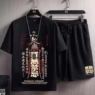 National trend printed short-sleeved men's 2023 summer new style plus fat, loose and trendy fat casual sports suit