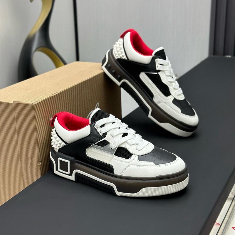 European Genuine Leather Men's Sneakers Casual Shoes Couple Shoes Women's Shoes Thick-Soled Height-Increasing Color-Blocked Studded Red-Soled Trendy Shoes