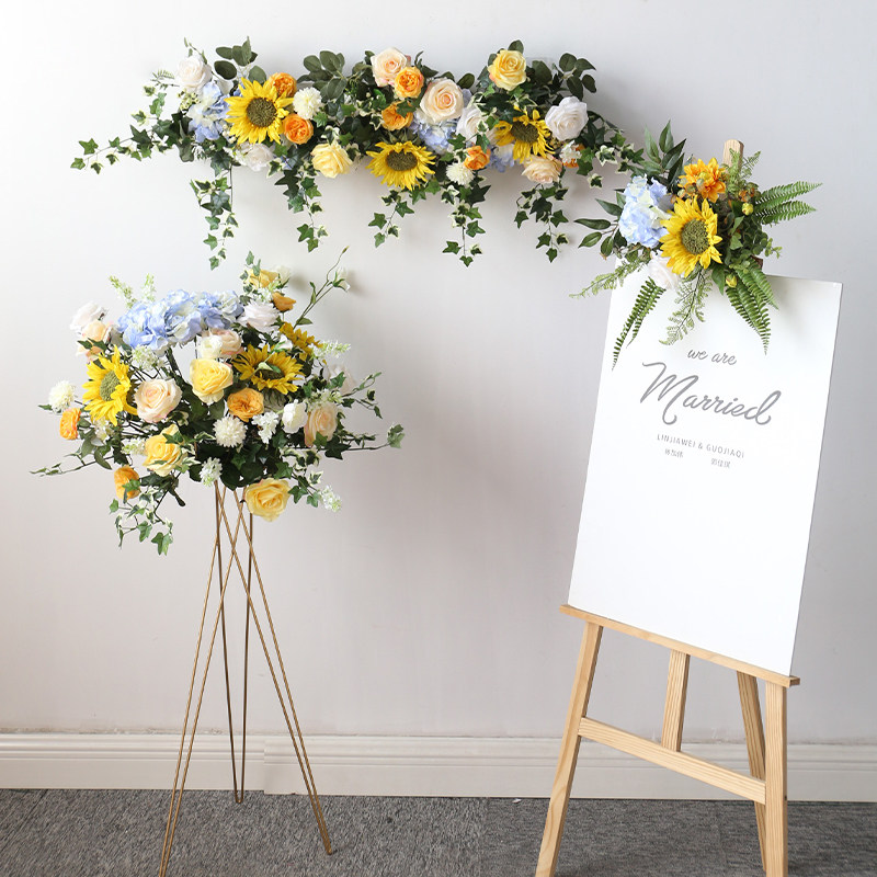 Wedding wedding Champagne yellow row of flowers Road lead flower row Welcome opening wall hanging sunflower flower decoration opening flower