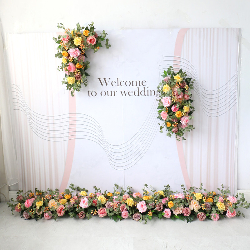 Stage decoration floral art Champagne pink wedding corner flower floor flower row flower row flower background board decoration hanging fruit floriculture