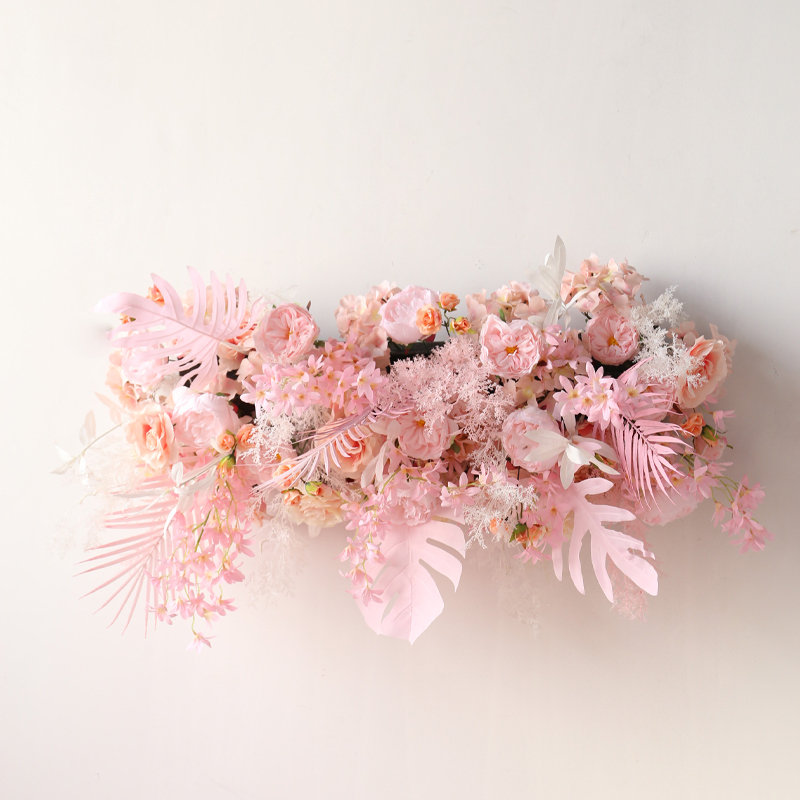 New road lead flower wedding festival T stage walkway flower row pink floor row flower simulation flower arrangement decoration pink