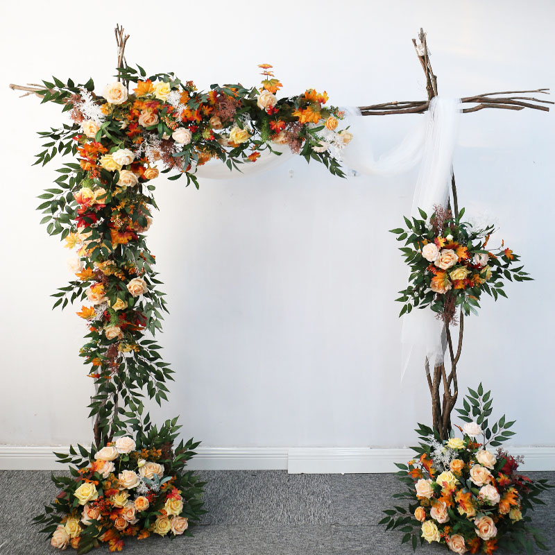 ins caramel orange autumn color simulation floral art wedding wedding decoration flower row welcome area stage background floral arrangement