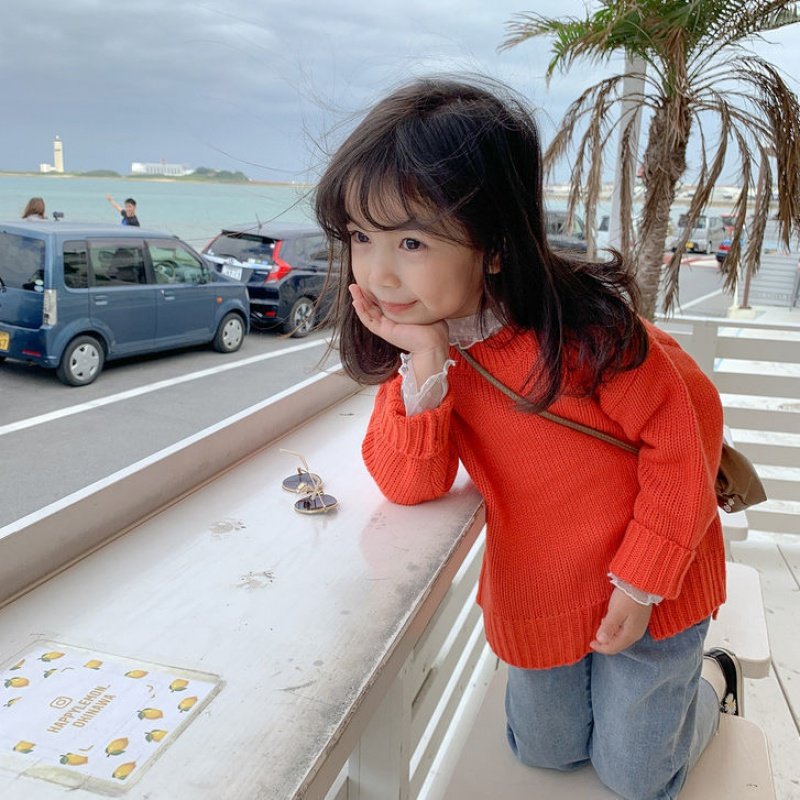 Girls candy color sweater baby girl spring and summer outfit new children's Korean version of the foreign cute split knit shirt tide