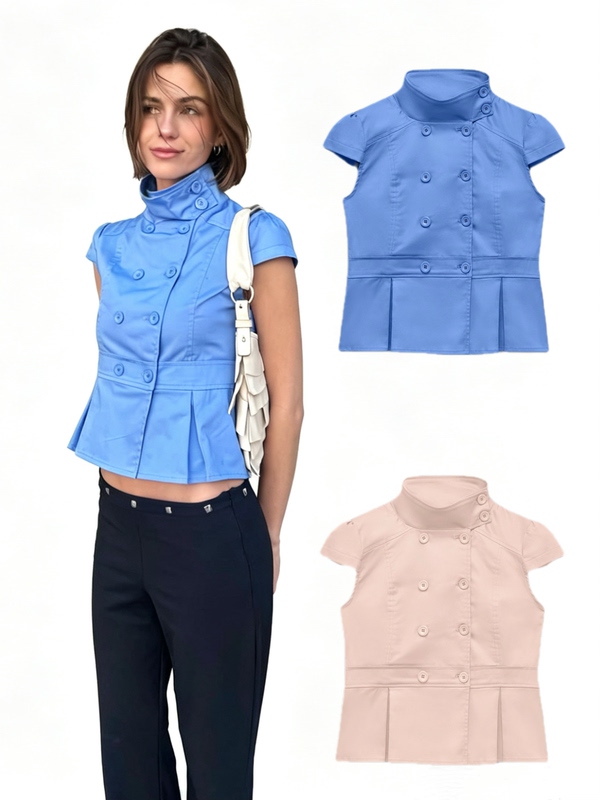 Attega Blogger's Same Style Klein Blue Stand-Up Collar Double-Breasted Waist-Cinching Short-Sleeve Blouse with Flutter Sleeves, Short-Sleeve Pink Top Attega Blogger's Same Style Klein Blue Stand-Up Collar Double-Breasted Waist-Cinching Short-Sleeve Blouse with Flutter Sleeves, Short-Sleeve Pink Top