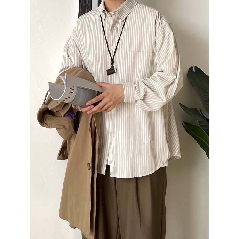 Butqiu Japanese Retro Spring and Autumn Striped Shirt Long-Sleeved Casual Retro Loose Trendy Shirt for Men and Women