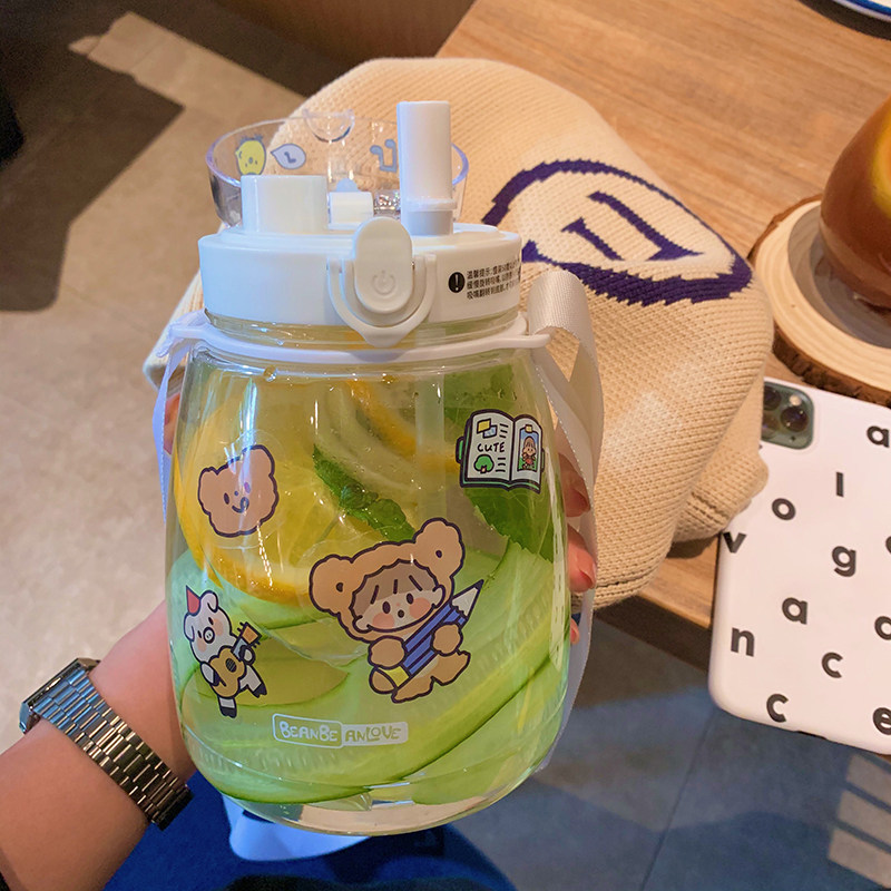 Double drink cup 1300ml large-capacity sports water cup female student with strap straight drinking straw dual-purpose Cup Net Red Cup