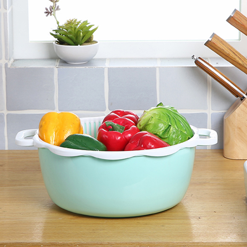 Double Layer Wash Basin Plastic Drain Basket Leaking Basin Theiner Vegetable Blue Naughty Vegetable Basin Home Kitchen Wash Fruit Tray