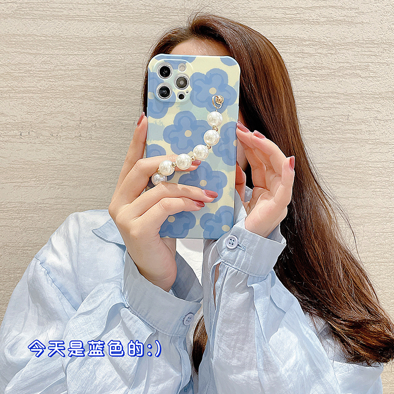 Korean Wind Blue Flower Pearl Chain applies 13 12 Pro Max Apple 11 mobile phone protective shell iPhonese all-bag iPhones X XS anti-fall XR protective sleeve