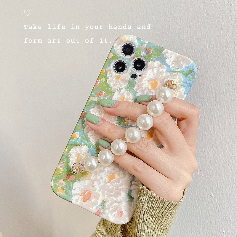 ins oil painting flower pearl hand refining suitable for 13 12 Pro Max Apple 11 mobile phone protective shell iPhonese all-bag iPhones X XS XR po