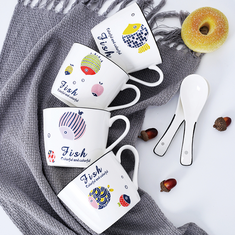 Four loading ceramic breakfast cup cartoon milk cup household individuality creative trend couples Nordic ins lovely cup