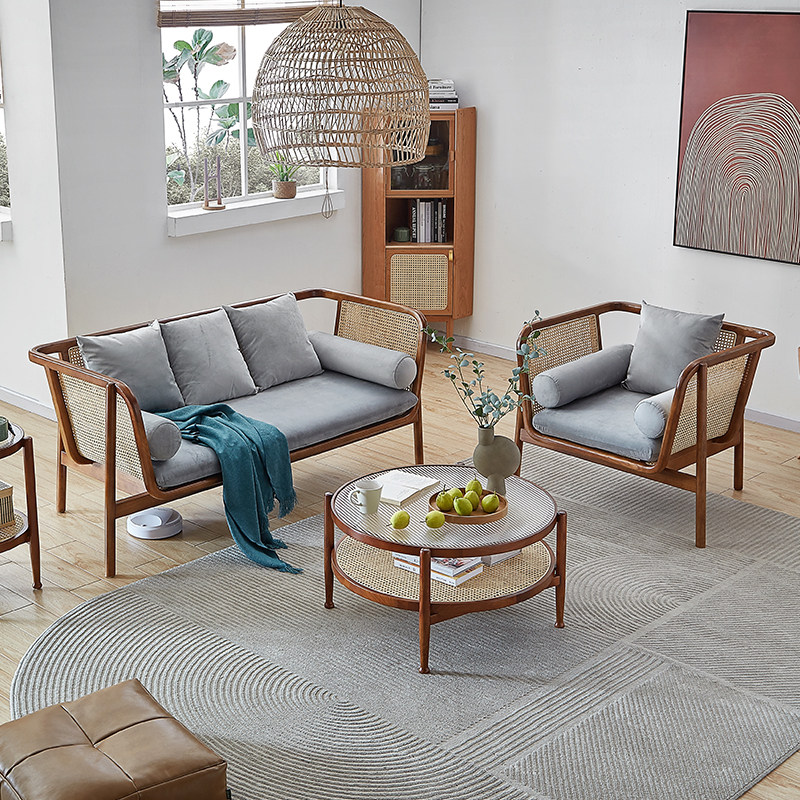 Fujimoto furniture Nordic ins rattan choreography sofas small family style living room modern minimalist solid wood rattan chair sofa trio bit-Taobao